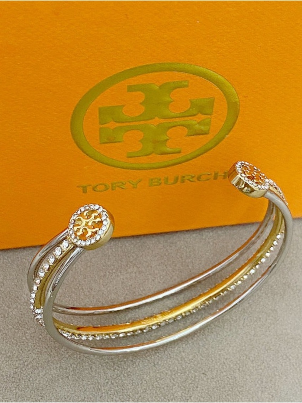 Tory Burch Two-Tone Crystal Logo Open Cuff Bracelet - Gold & Silver